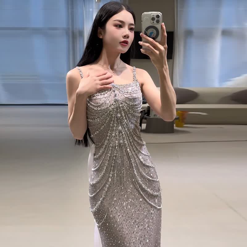 季节里主持人鱼尾礼服银色感晚裙轻奢小众成人宴会气质端庄大气 银色