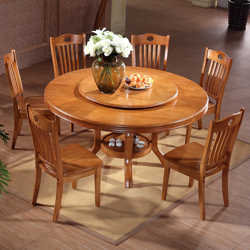 双劲拆叠歺桌餐桌大圆桌转盘实木餐桌椅组合橡木圆桌饭桌饭厅酒店家用