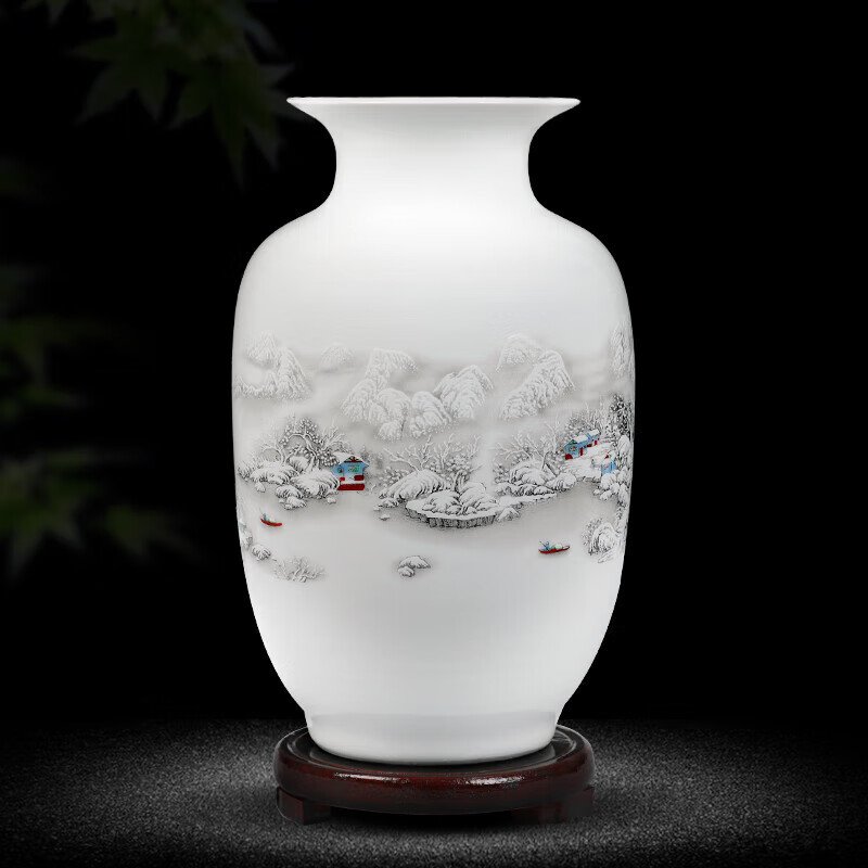 景德鎮(zhèn)瓷器花瓶青花瓷中式客廳插花家居裝飾工藝品博古架陶瓷擺件 雪景冬瓜瓶【送木底座】