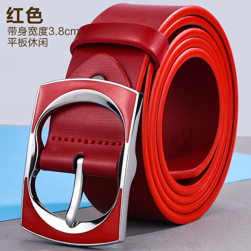 吉普（JEEP）品牌棕色皮帶男真皮時(shí)尚韓版設(shè)計(jì)感小眾寬休閑牛皮女士腰帶針扣 3.8cm寬時(shí)尚款 紅色