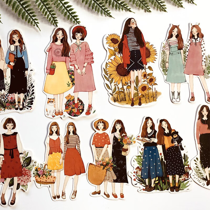 可爱卡通手绘闺蜜双生女孩手帐相册贴纸日记本相册电脑装饰小图案