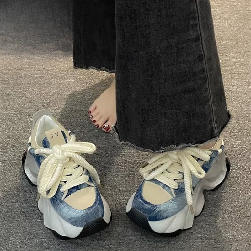 txax美式牛仔布厚底老爹鞋女秋季小个子厚底百搭运动