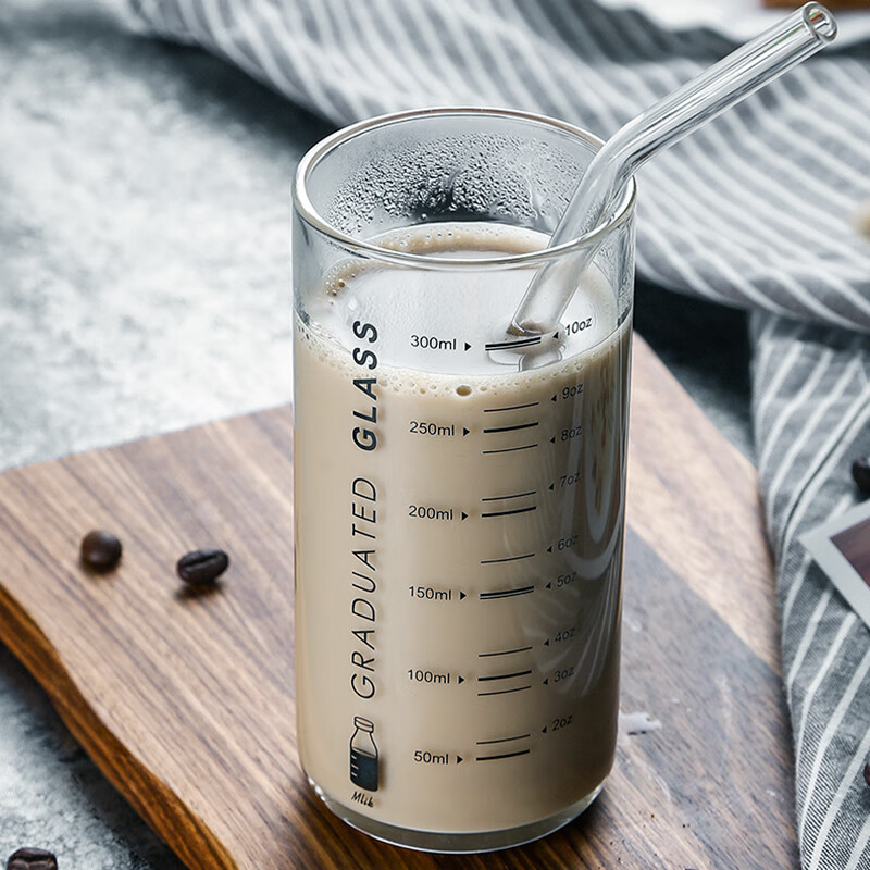 皇家洛克玻璃杯刻度量杯冷饮可乐果汁杯牛奶杯高硼硅玻璃水杯办公室玻璃 【两个装】黑色+吸管+盖子
