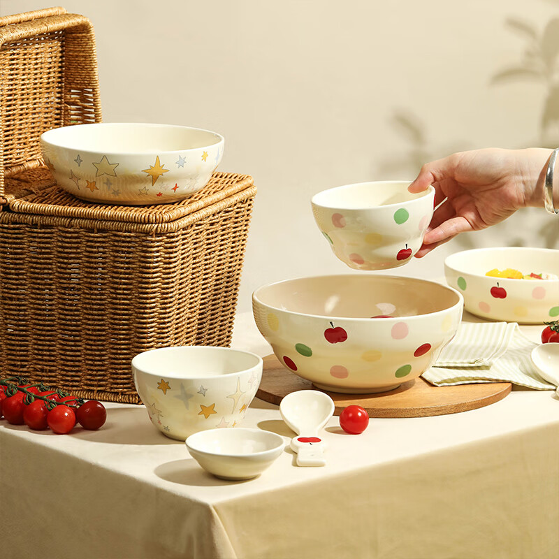 蓝莲花蓝莲花波点餐具陶瓷碗碟碗盘家用高颜值儿童米饭碗吃饭碗汤碗菜盘 波点4.75英寸葫芦米饭碗