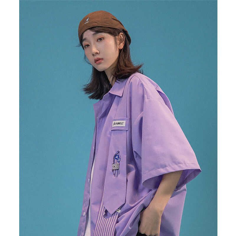 她风采夏季新薄款盐系设计感小众紫色衬衫短袖女港风小个子外穿衬衣