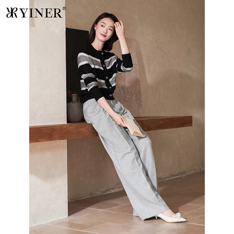 YINER音儿专选冬季女装海马毛羊毛混纺撞色条纹针织衫 黑色 M 38