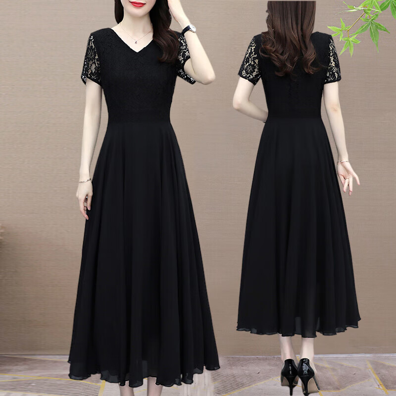 含蕊连衣裙女夏季新款黑色蕾丝雪纺高端中气质洋气长款裙子 m(961106