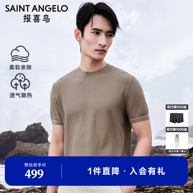 报喜鸟短袖T恤男装【柔软亲肤透气散热】夏季男士简约百搭针织圆领T恤男 云棕色 2XL -52(185/104)