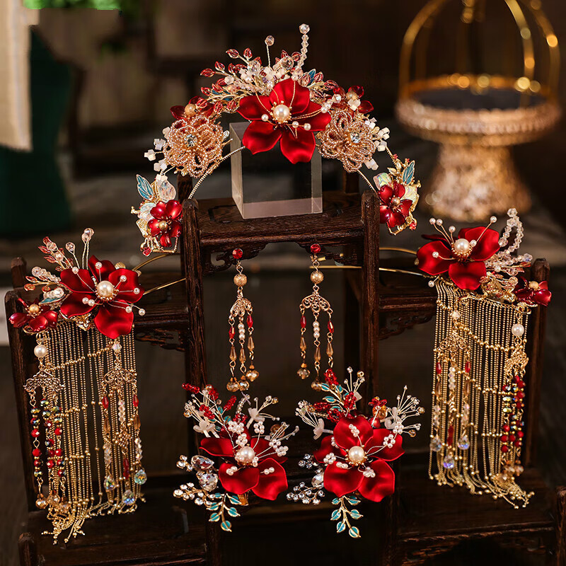 碧允红色秀禾头饰新娘凤冠步摇流苏大气古装中式婚礼敬酒服秀禾服配饰