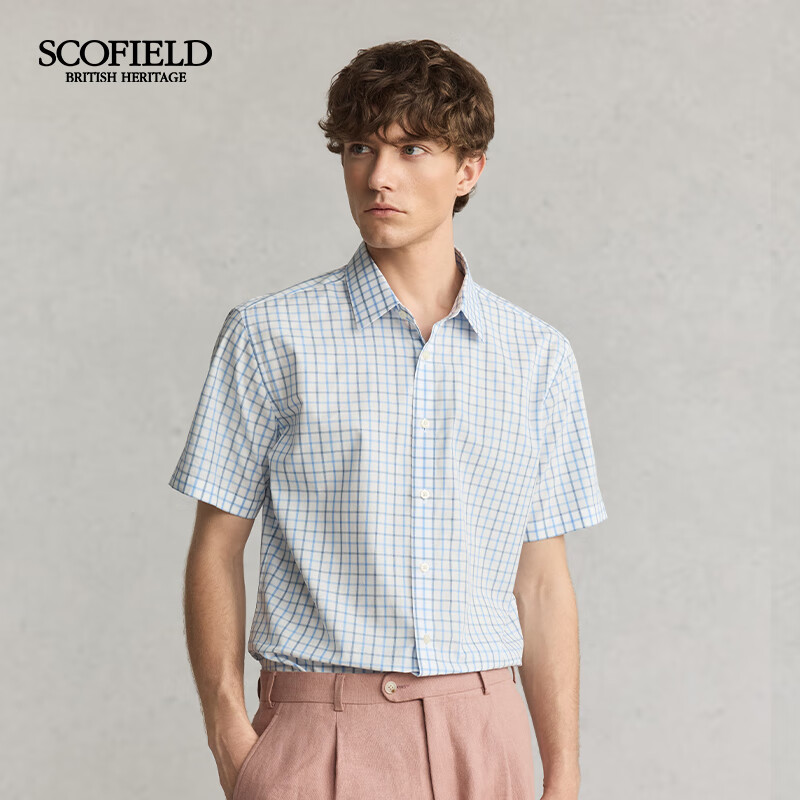 Scofield男士25夏季新品舒适纯棉时尚通勤清新小格子短袖衬衫 蓝色 M (170)