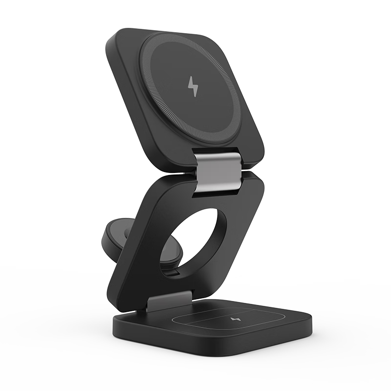 十一号线磁吸三合一无线充充电器 苹果MagSafe充电桌面便携折叠手机立式快充支架磁吸式可折叠通用 三合一无线充（黑色）-X55