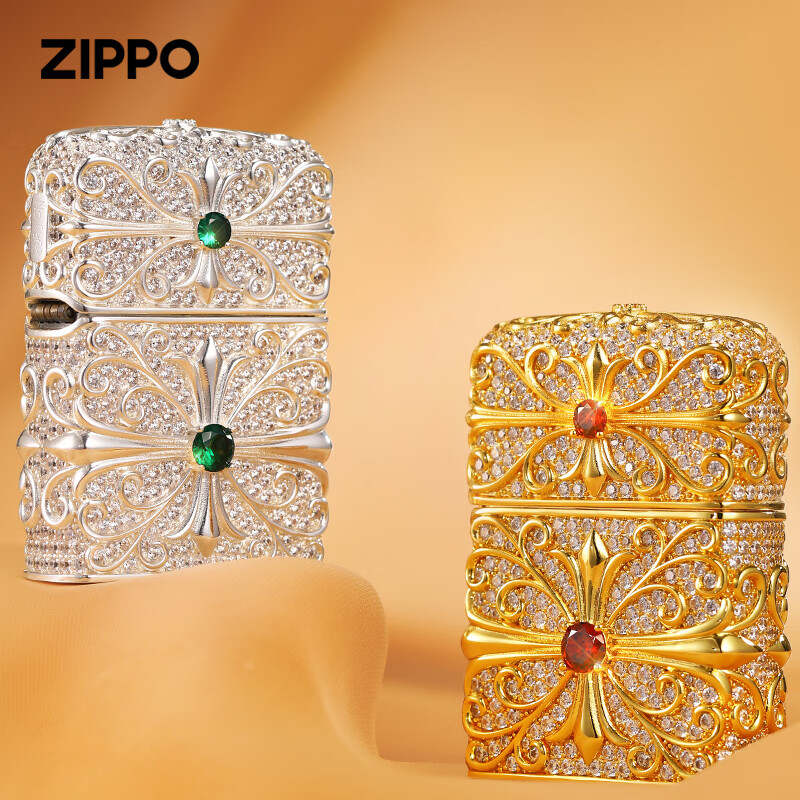 ZIPPO打火机zippo正品防风煤油火机镶嵌钻石十字花520女士专用颜值礼物 镀金款【含油套装】