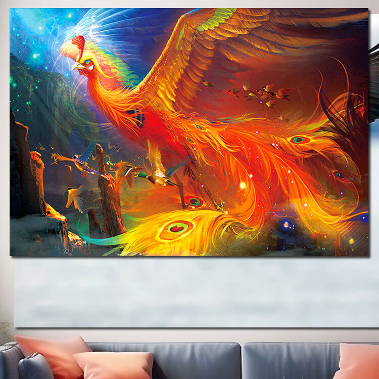 定制神鸟凤凰图金色吉祥装饰挂画墙贴图壁纸招财风水涅槃重生客厅床头