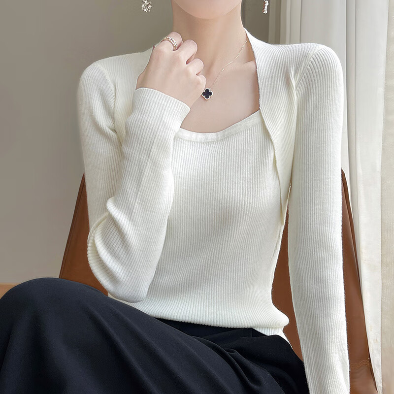 香影芬假两件针织打底衫女2025秋季设计感洋气毛衣秋冬内搭修身显瘦上衣 黑色 XL (建议115-125斤)