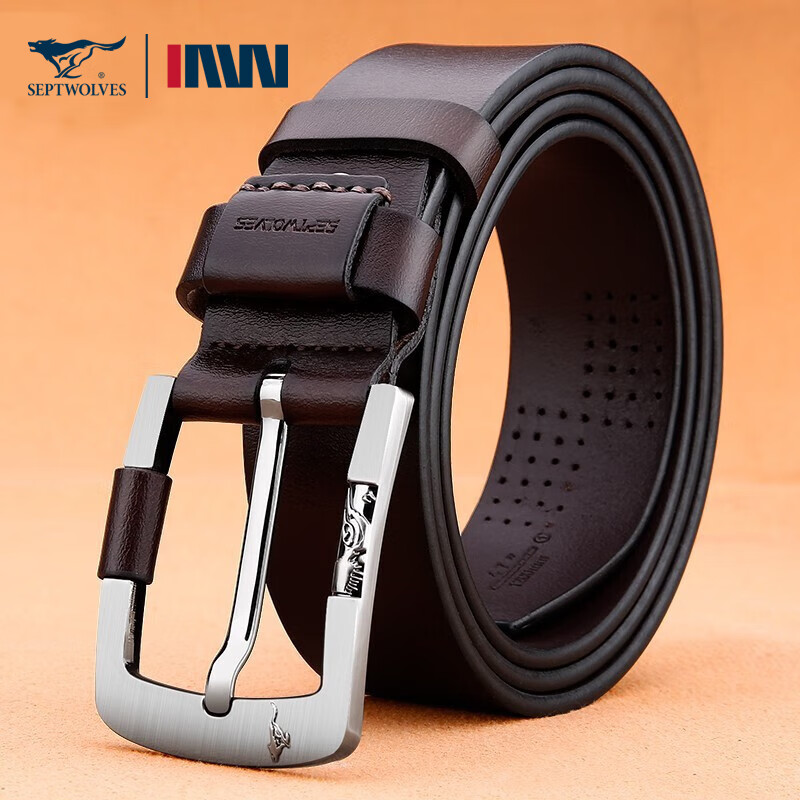 七匹狼(septwolves)皮带男真皮针扣牛皮中年爸爸裤带复古老年人纯男士