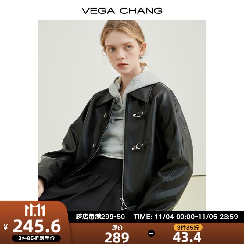 VEGA CHANG机车皮衣女秋2023年新款韩版bf风一字扣PU皮夹克外套 黑色 S怎么样,好用不?