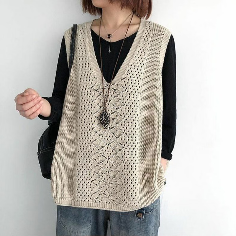 闽悦夏天穿的女马甲薄款针织无袖背心外穿马夹外搭女宽松v领坎肩复古