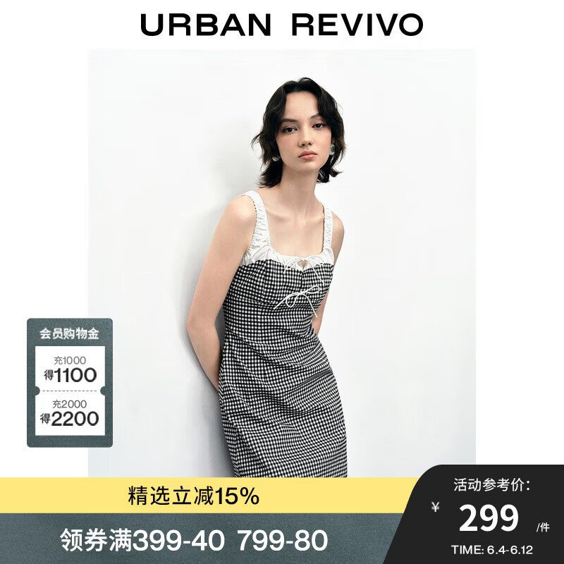 UR2024夏季新款女装时尚学院风撞色格纹系带连衣裙UWU740097 深黑灰色格子 S