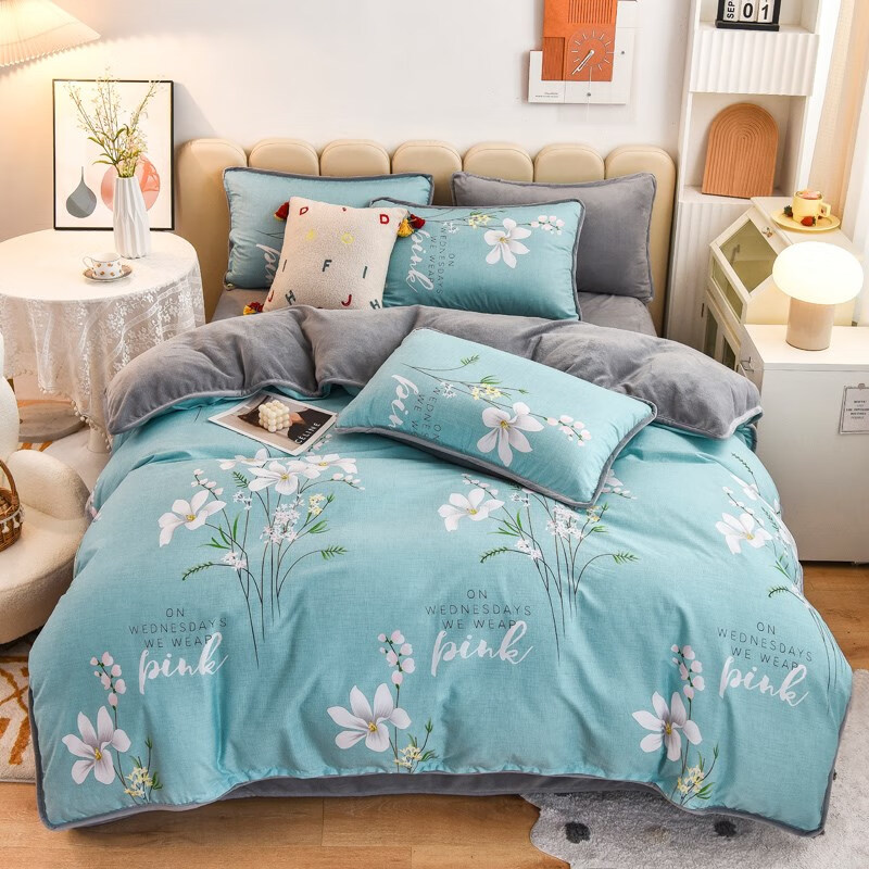 梦然纺一面绒一面棉被套单面绒四件套棉加绒纯棉ab面牛奶绒2023新款