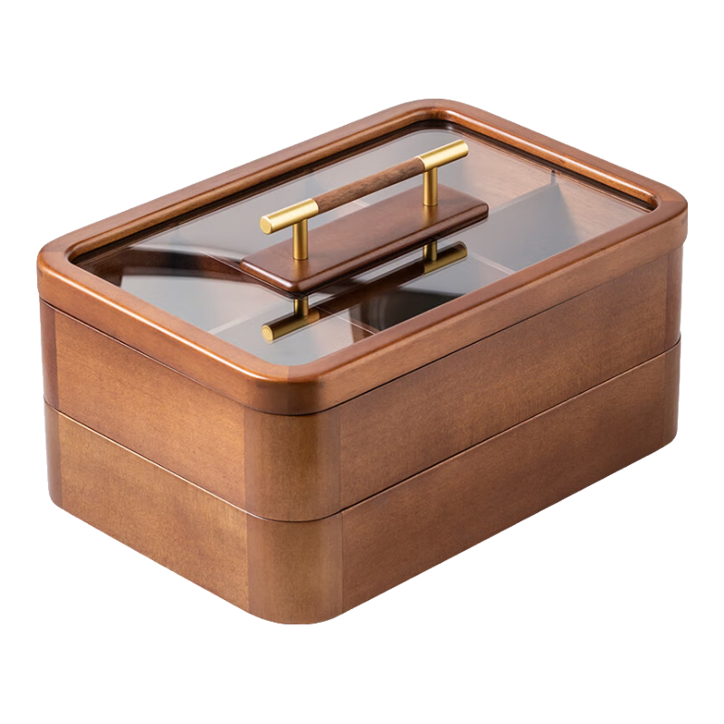 森物社干果盤(pán)分格糖果盒實(shí)木果盤(pán)零食盤(pán)客廳堅(jiān)果盤(pán)糖果盤(pán)前臺(tái)干果收納盒 【雙層】6格干果盤(pán)-不含玻璃碗