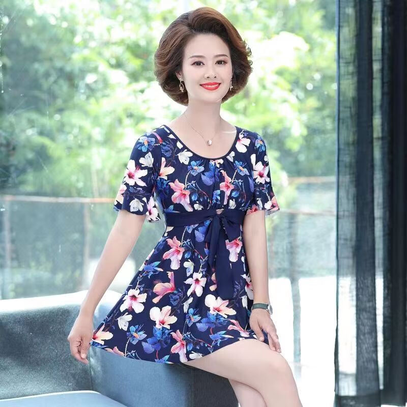 刘潮布妈妈泳衣女保守中老年显瘦遮肚大码分体中年妈妈款游泳衣温泉