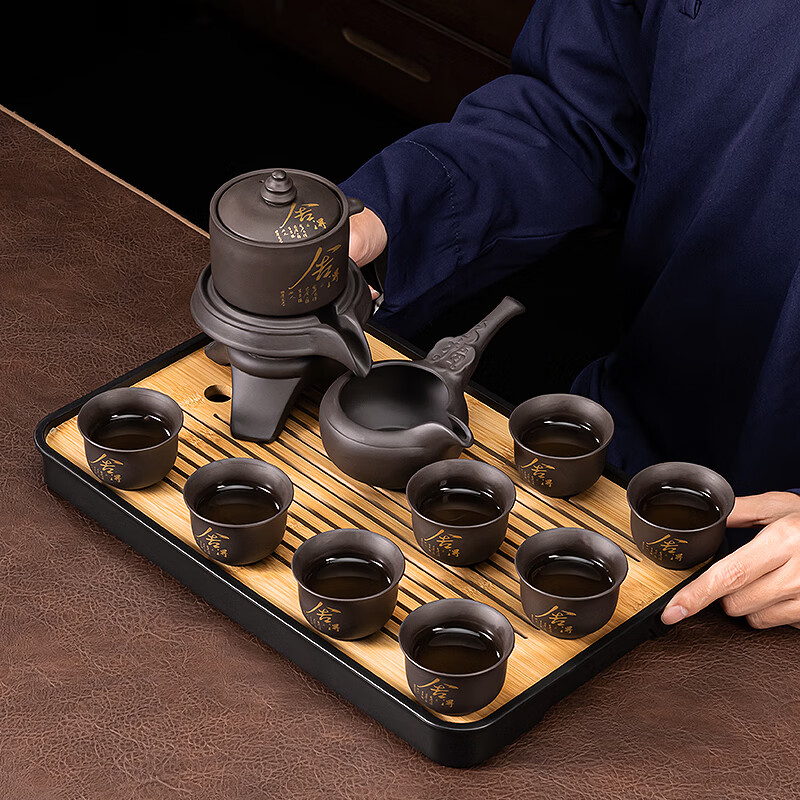 正扬紫砂石磨自动茶具套装家用功夫茶杯懒人泡茶器旋转出水贴花整套 紫砂自动(舍得)六杯+茶道