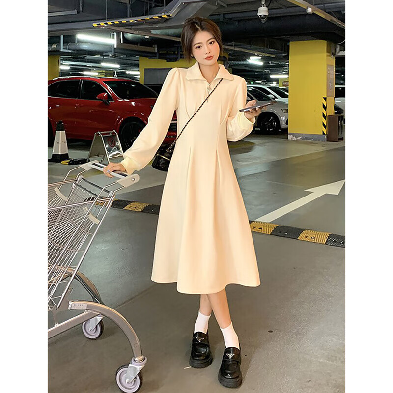 口旋大尺码感长袖华夫格加绒内搭洋装女秋冬新款胖mm收腰裙子 杏色