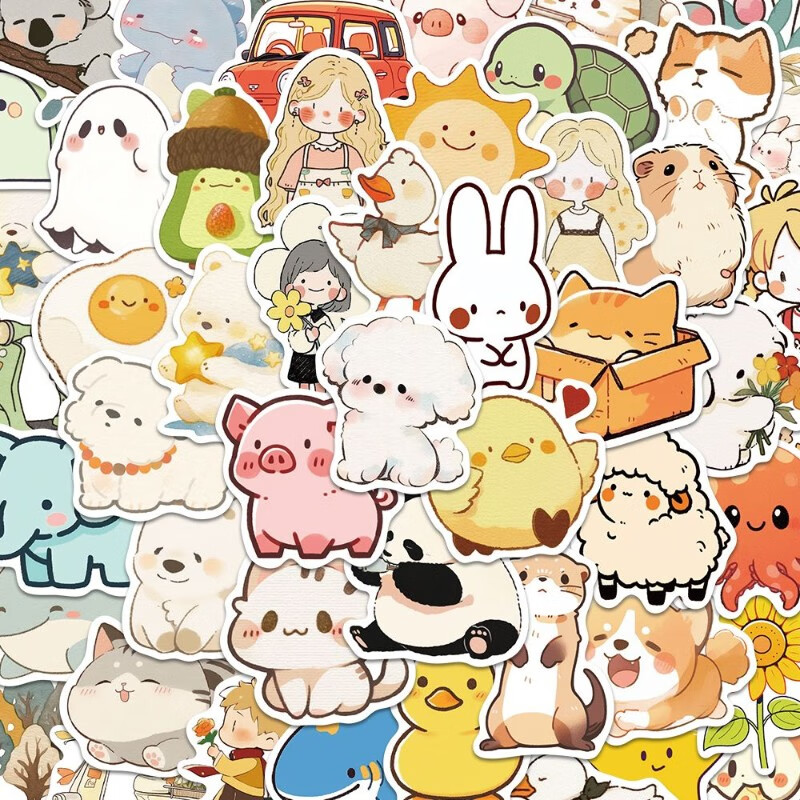 50张可爱简笔画卡通贴纸小动物q版超萌手机壳笔记本装饰防水贴纸 50张