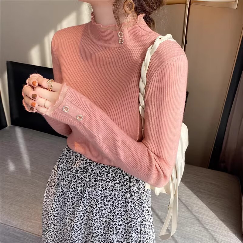 浪莎毛衣女冬季新款半高领蕾丝加绒打底衫小个子韩版修身显瘦保暖上衣 黑色【蕾丝闪钻-轻暖春秋款】 均码【推荐90-130斤】