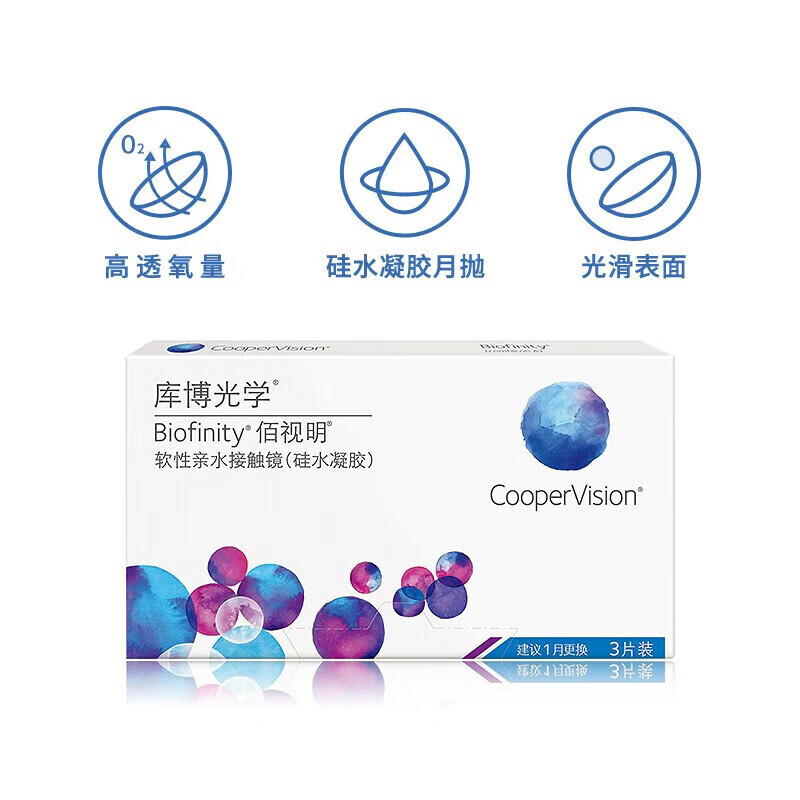 库博光学（coopervision）佰视明进口透明隐形眼镜硅水凝胶月抛3片装 650度