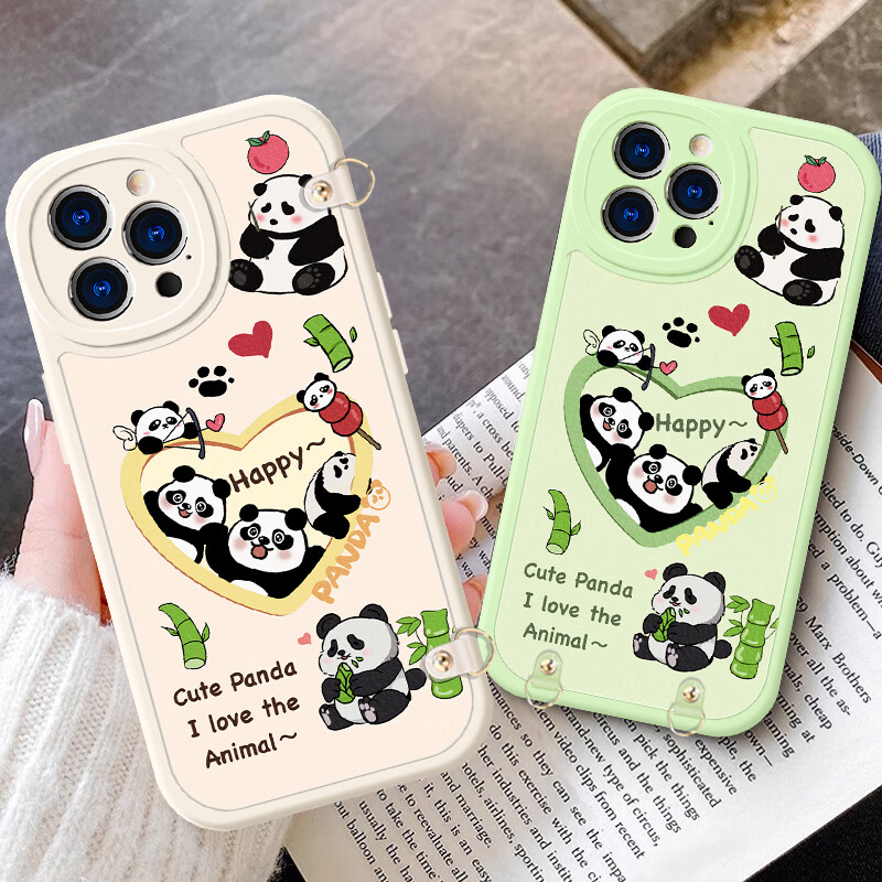 描绘者适用苹果16Pro Max手机壳可爱熊猫带挂绳可背斜跨防摔