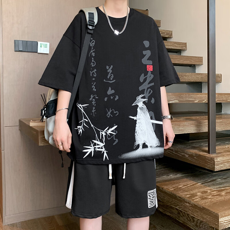 列迅中国风短袖t恤男套装夏季宽松休闲运动短裤男一套搭配青少年衣服 T5811白色套装 M 约100-125斤可穿