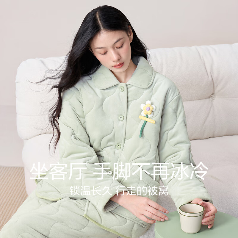 红豆(Hodo)女士珊瑚绒夹棉睡衣三层加厚保暖冬季抗静电少女可外穿家居服套装 柔雾紫 L (165)