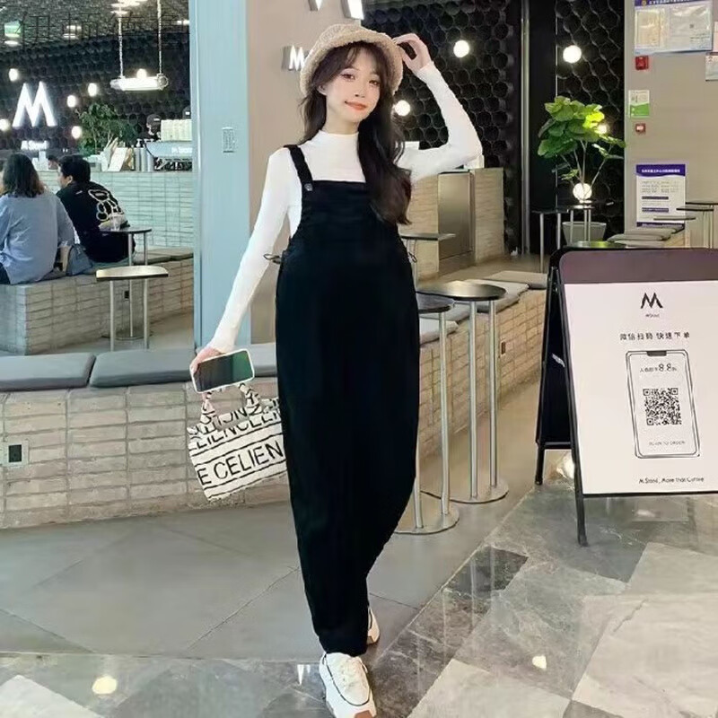 伊頓德魯孕婦裝春秋套裝時(shí)尚新款背帶褲大碼寬松休閑孕婦褲長(cháng)褲上衣兩件套 黑色背帶褲+白色打底（優(yōu)質(zhì)版套1 XL【建議125-145斤】