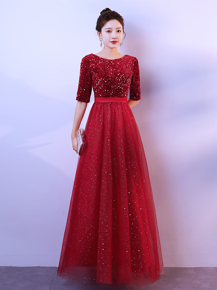 服女主持人礼服裙新款朗诵舞台服装比赛合唱团演出服女长裙 浅红色 s