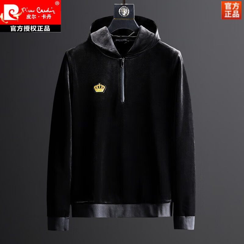皮尔卡丹（pierre cardin）高端冬季新款金丝绒休闲运动套装男刺绣连帽卫衣加绒加厚两件套 黑色套装 加绒 4XL