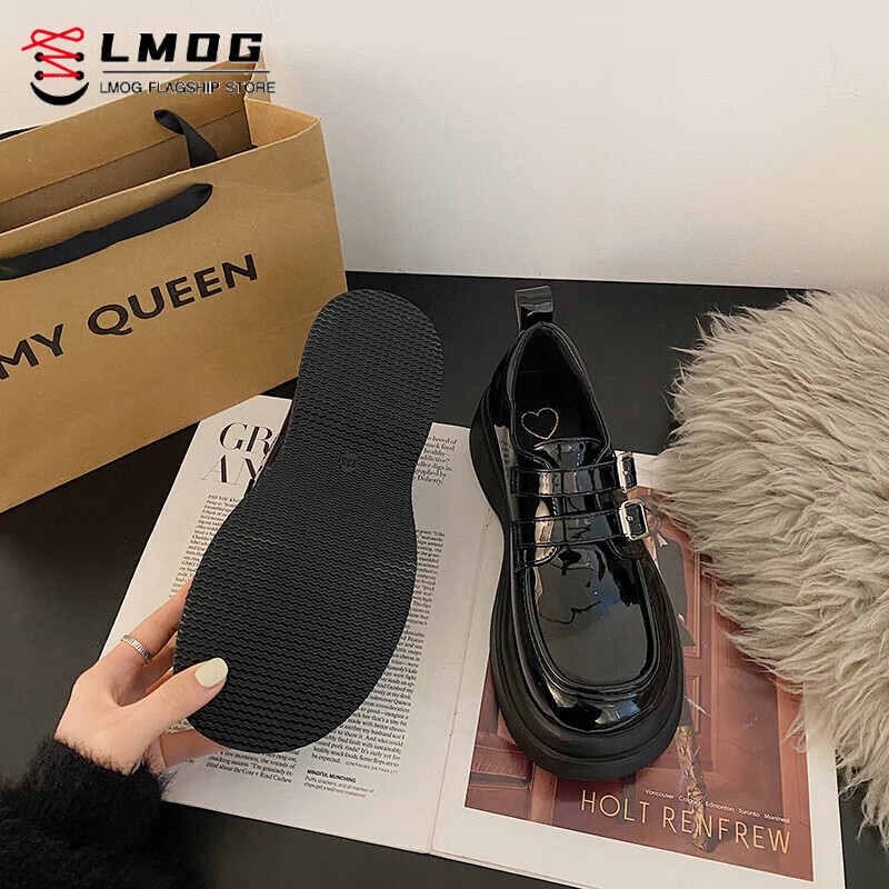 FSAT小皮鞋女款英伦风单鞋女2024新款jk女鞋春秋厚底乐福鞋黑色女鞋子 8022-黑色亮面 36