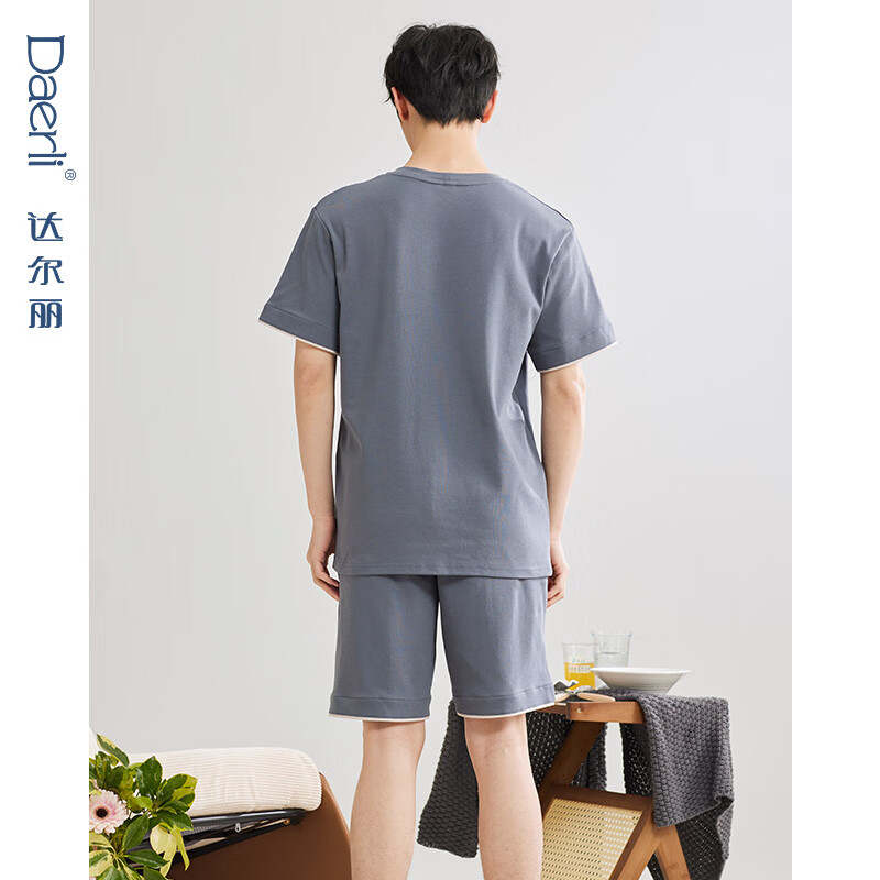 达尔丽【5A抗菌】新款圆领男士睡衣短袖短裤纯棉休闲夏季薄款家居服套装 T9241244-063-灰兰色 XL