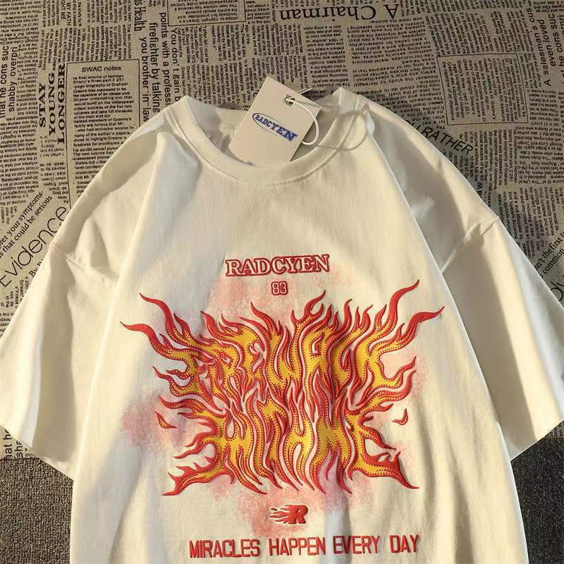 100纯棉夏季港风火焰短袖t恤男女情侣ins潮牌宽松百搭半袖学生 白 