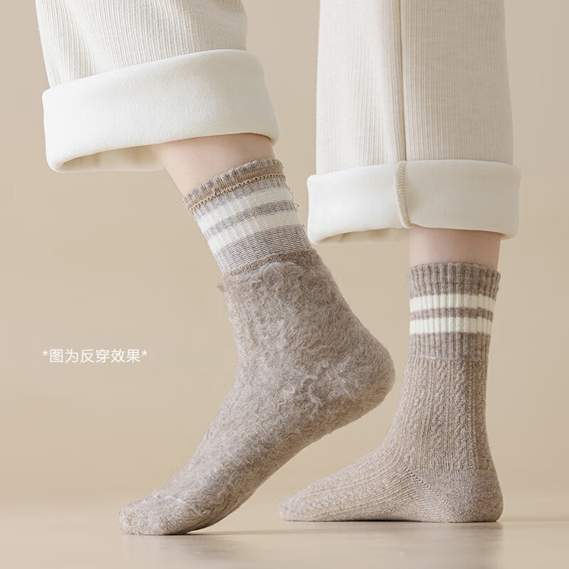 Cofni女士秋冬纯棉袜子女加绒加厚锁热抗寒保暖条纹中高筒雪地袜睡眠袜 礼盒装:自选颜色请留言或备注 5双 均码