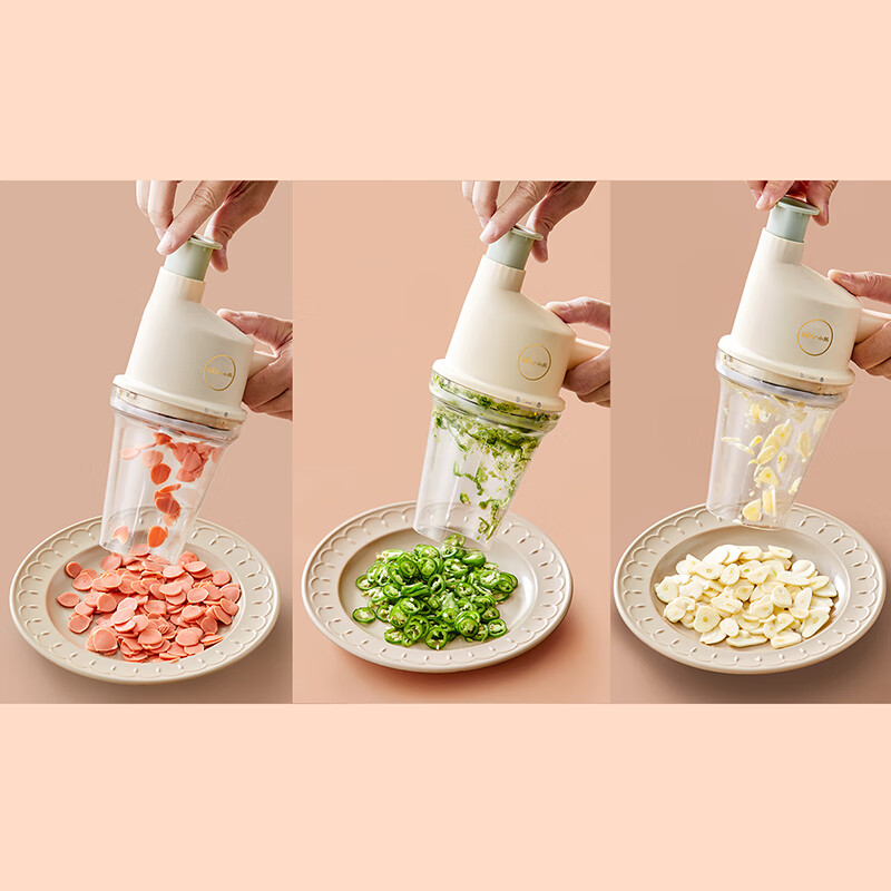 双幼小熊切菜机无线手持电动捣蒜器蒜片蒜泥切菜神器切片料理机绞肉机 米白色