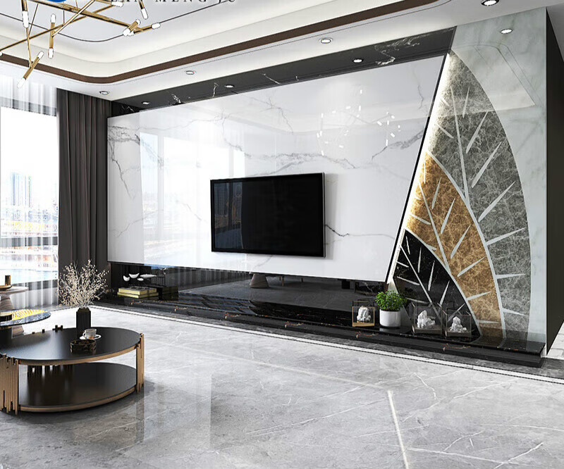 大理石背景墙轻奢现代简约客厅微晶石装饰电视墙瓷砖悬空渗墨岩板