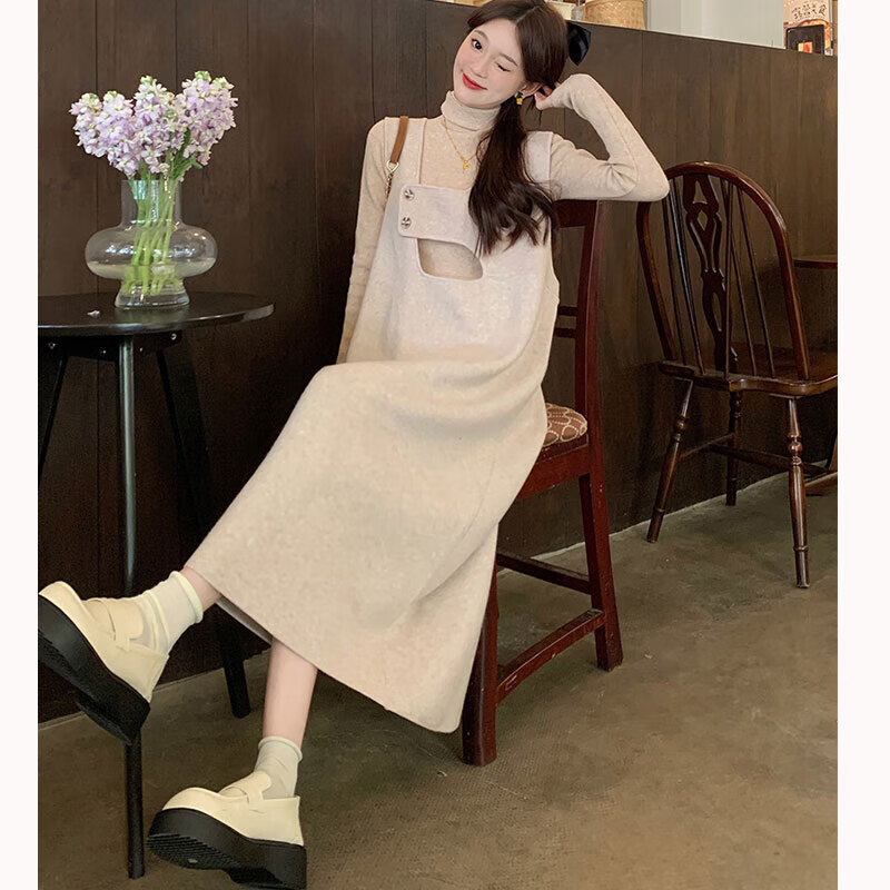 穿搭套装秋冬大码新年穿的衣服胖mm显瘦针织衫背带连衣裙 l 100-115斤
