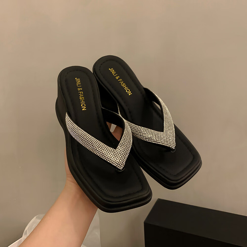 人字拖女厚底10厘米网红水钻夹趾人字拖鞋女夏季外穿新款小个子 黑色
