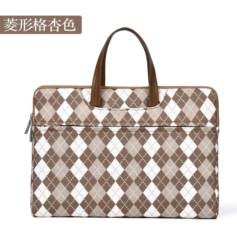 梵卡哲（FANKAZHE）电脑包手提防震高颜值女士适用苹果macbook13英寸华为matebook14 菱形格杏色 14寸