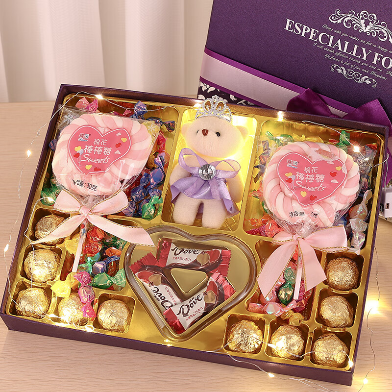 德芙（Dove）巧克力礼盒装棒棒糖果61女神送女友儿童孩子520情人节生日礼物 紫色糖果（送灯带） 礼盒装 198g