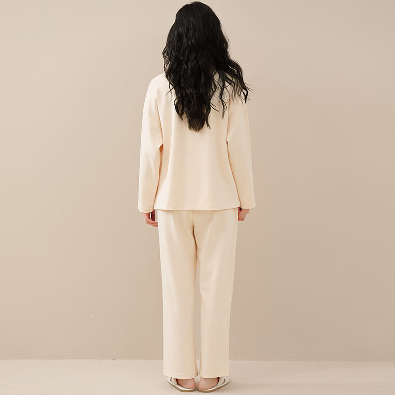 猫人仿棉舒适 春秋新款 长袖开衫 翻领套装 纯色女士加大码 家居服 奶油杏 M --建议【90-100】斤