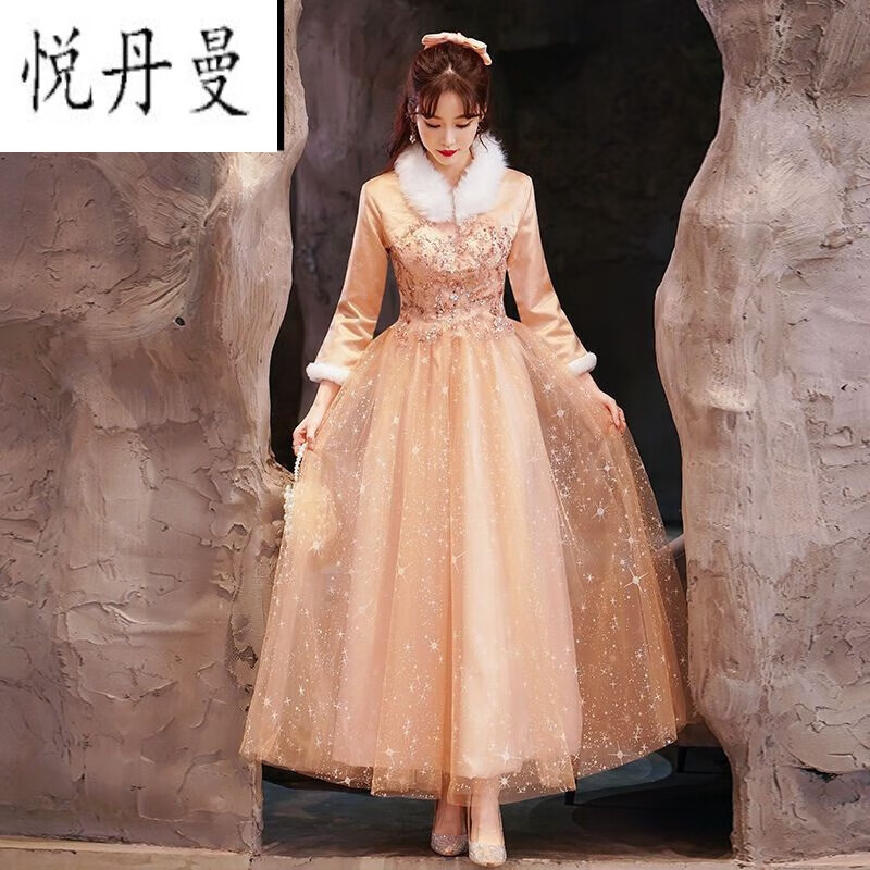 悦丹曼伴娘服新款冬季加厚粉色伴娘团姐妹礼服裙仙气显瘦保暖冬天