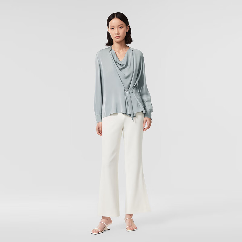 OVV【重磅真丝】OVV2022春夏新款女装22MM双乔荡领收腰休闲衬衫 蓝灰15 L