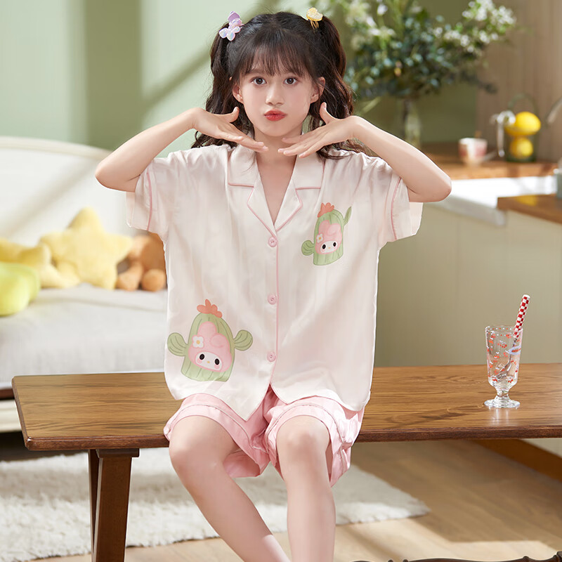 女童睡衣夏季清凉冰丝短袖薄款卡通夏天母女亲子中大童女孩家居服